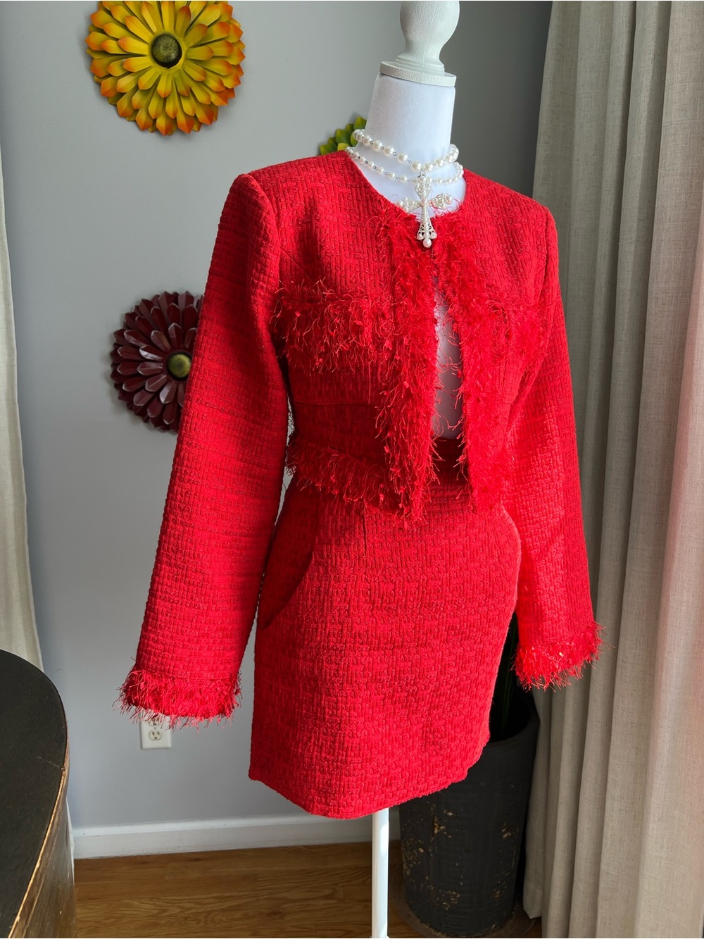 Endless Rose Red Feather Trim Tweed Crop Blazer & Mini Skirt Set Size Small $235 - Picture 15 of 16